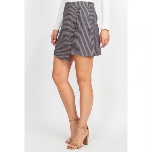 Chic Blue Denim Striped Asymmetric Pencil Skirt with Buttons - Picture 2 of 16